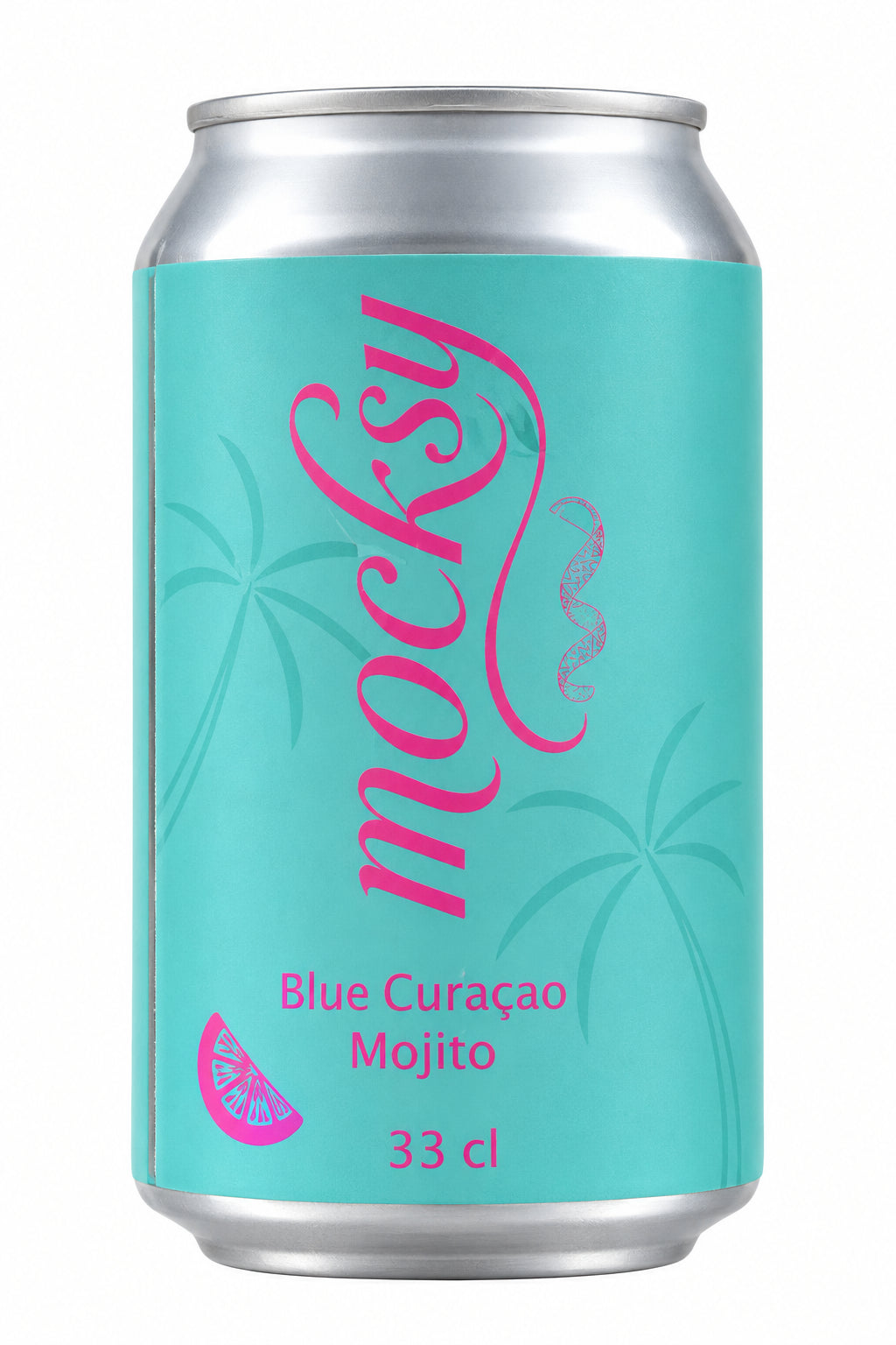 Mocksy Blue Curaçao Mojito in der breiten türkisfarbenen 33-cl-Dose mit pinkem Schriftzug