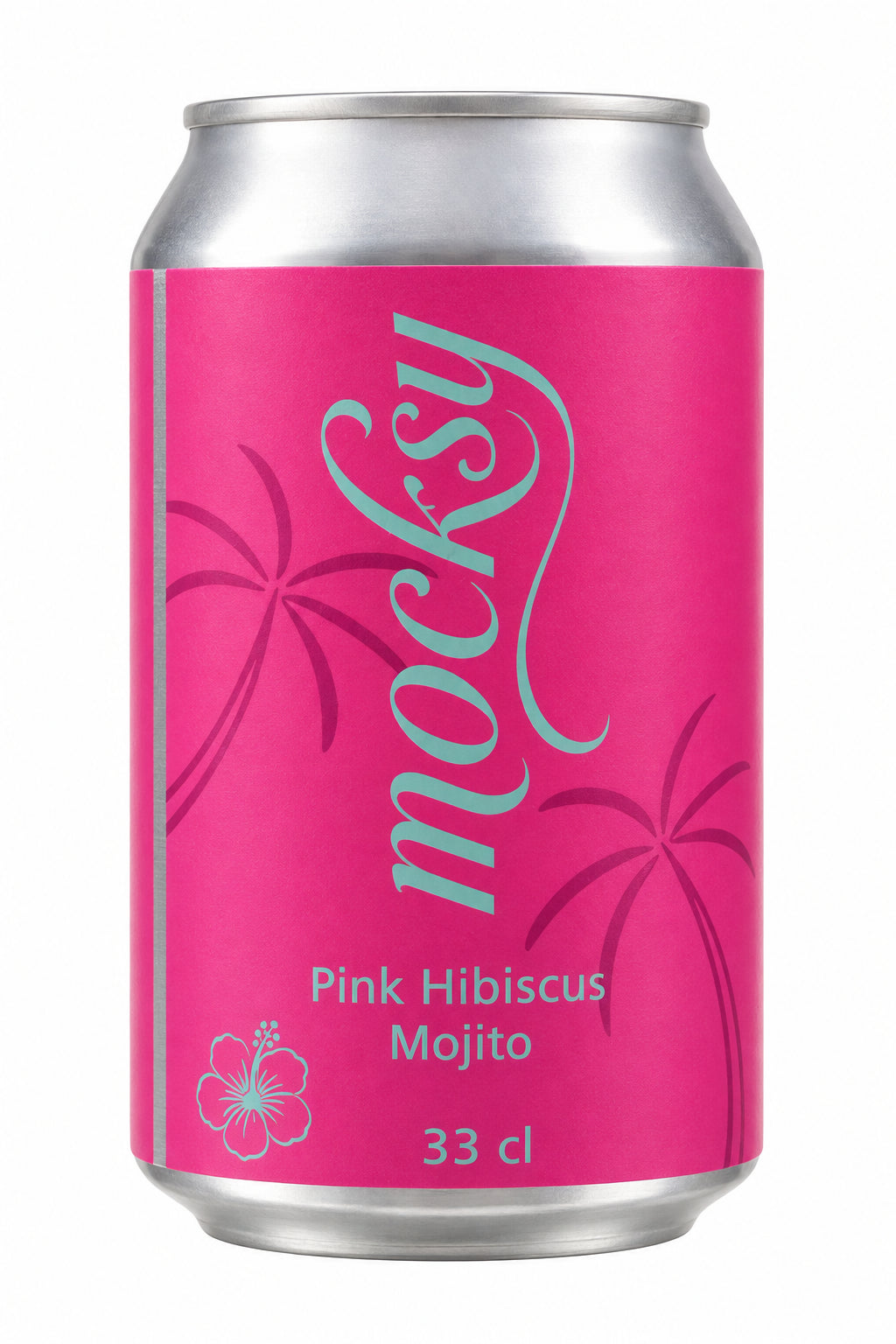 Mocksy Pink Hibiscus Mojito in der breiten pinken 33-cl-Dose mit türkisfarbenem Schriftzug